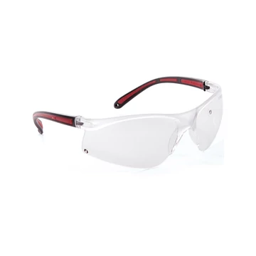 Víztiszta védőszemüveg karc mentes bevonattal piros fekete szárral súly:24g