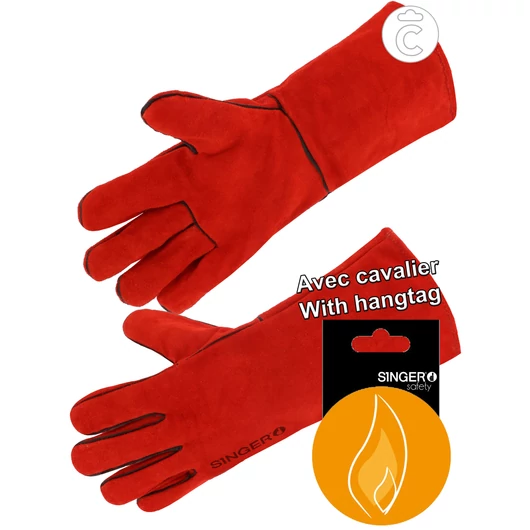 Hőálló hasított marhabőr, pamut béléssel ellátott hegesztő kesztyű 35 cm hosszú szárral Piros Aramid cérnával varrva,Akasztós