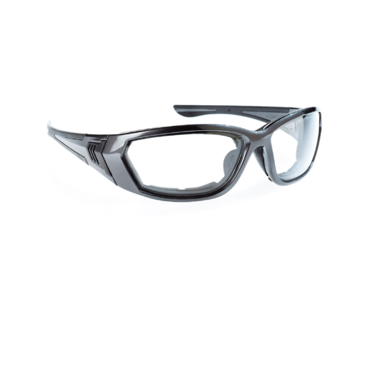 Safety spectacles with detachable foam seal. Ultra-enveloping. Clear lenses.