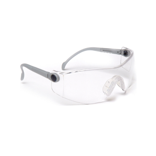 Safety spectacle. Adjustable temple length. Pivoting frame. Clear lens.